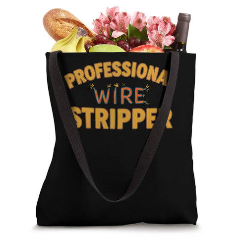 Kickass Electrician Tote Bag With Funny Professional Wire Stripper Print fresh with groceries and flowers in a black canvas bag.