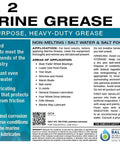 Label of Multi Purpose Marine Grease For Boat Trailers U Joints And Lower Units NLGI Grade 2, showing application and features.