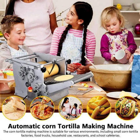 Automatic Electric Tortilla Maker Press With Non Stick Surface in use, creating tortillas with children in the kitchen.