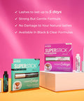 5 Day Extended Wear Strip Lash Adhesive With Brush Applicator displayed in packaging, black and clear formulas, with brush applicators.