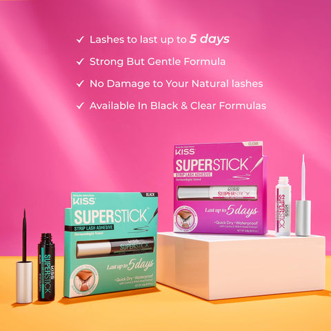 5 Day Extended Wear Strip Lash Adhesive With Brush Applicator displayed in packaging, black and clear formulas, with brush applicators.