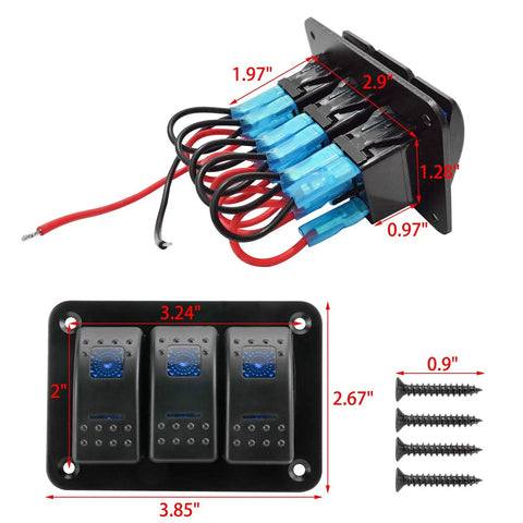 12-24V Boat Switch Panel With Illuminated Rocker Switches Aluminum Pre-Wired Dash Panel, 3 Gang Option, Back View with Screws