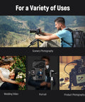 Collage of Low Profile Camera Tripod Ball Head for Arca Compatible Plate used in wedding, portrait, landscape photography.
