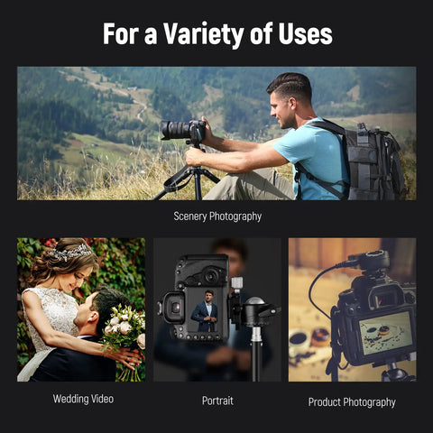 Collage of Low Profile Camera Tripod Ball Head for Arca Compatible Plate used in wedding, portrait, landscape photography.