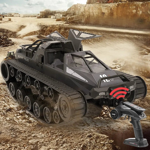 Remote Control Crawler Tank Off Road 4WD RC Car With 2.4 Ghz Remote High Speed Battle Tank for Kids and Adults on rocky terrain