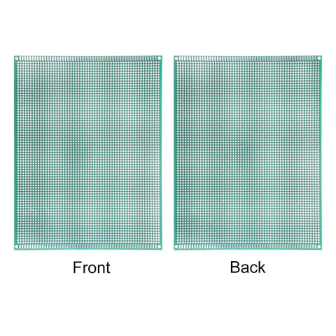 Front and back of Five Pack 150x200mm Double Sided PCB Boards With Through Holes Tin Plated 1.6mm Thick 2.54mm Grid For DIY Soldering Projects