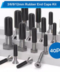 40 Piece Rubber End Cap Set In Black Vinyl Four Sizes 0.125 Inch 0.25 Inch 0.375 Inch And 0.5 Inch Round Tip Caps For Bolts And Screws