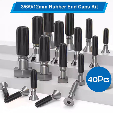 40 Piece Rubber End Cap Set In Black Vinyl Four Sizes 0.125 Inch 0.25 Inch 0.375 Inch And 0.5 Inch Round Tip Caps For Bolts And Screws