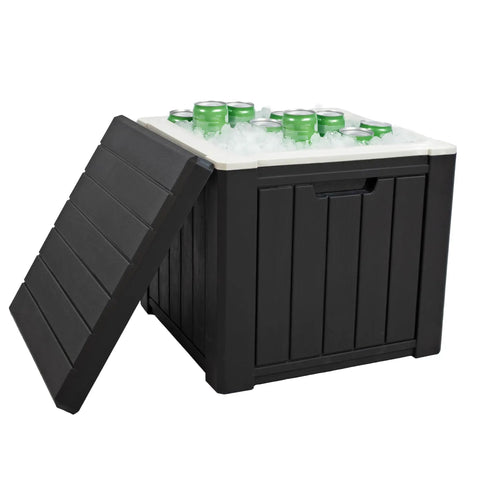 9 Gallon Outdoor Beverage Cooler with Insulated Ice Chest holding cans, black design with easy lid, durable and weather resistant