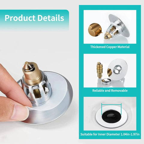 Universal Brass Sink Stopper Pop Up Drain Plug For 1.04 To 1.97 Inch Drains With Hair Catcher And Drain Strainer easy install details