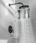 Matte Black Wall Mounted Rain Shower System With 9 Inch Rain Shower Head, Three-Way Shower Set, Single-Handle Trim Kit And Rough-In Valve