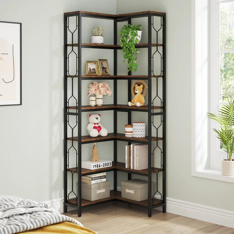Seven Tier Corner Shelf Industrial Bookcase Crafted Tough To Clear The Decks Of Clutter While Holding Down All Your Gear And Keeping Every Nook Looking Sharp And Tidy with decor and plants.