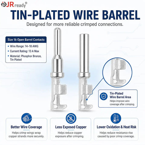 Tin-plated wire barrel with specifications, part of Deutsch DT Connector Kit Bundle With IP68 Waterproof 2 3 4 6 8 12 Pin Plugs