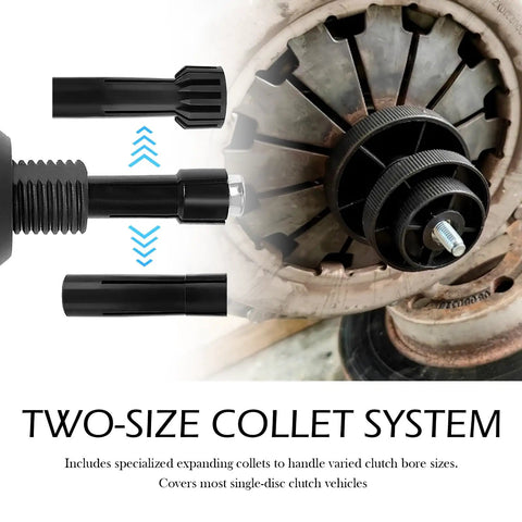 Sick Car Clutch Alignment Tool Kit With Dual Expansion Clamps showcasing two-size collet system for clutch alignment.