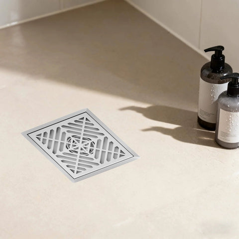 Installed 6 Inch Square Shower Drain With Flange Kit, 1.2mm SUS304 Stainless Steel Floor Drain, Geometric Pattern, Rust Resistant