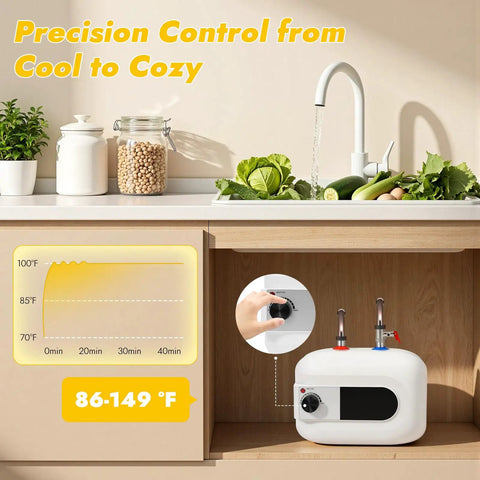 Compact Under Sink Mini Water Heater Delivers No Sweat Instant Hot Water For Kitchen Bathroom And RV 1.6 Gallon 1500W Electric Tank with control panel.