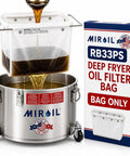 Heavy Duty Fryer Oil Filter Bags Keep Kitchen Gunk Out And Stretch Your Fry Oil Supply With Smooth Pulling Micro Mesh Strainers For Regular Deep Frying Tasks in a stainless steel pot.