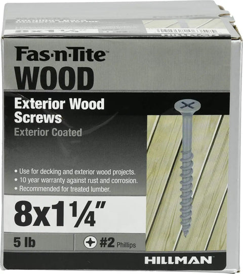 Heavy Duty Exterior Deck Screws Epoxy Coated Wood Fasteners Bugle Head Weather Resistant Outdoor Construction Workhorse Pro Grade Bulk Pack 8 By 1-1/4 Inch box with screws