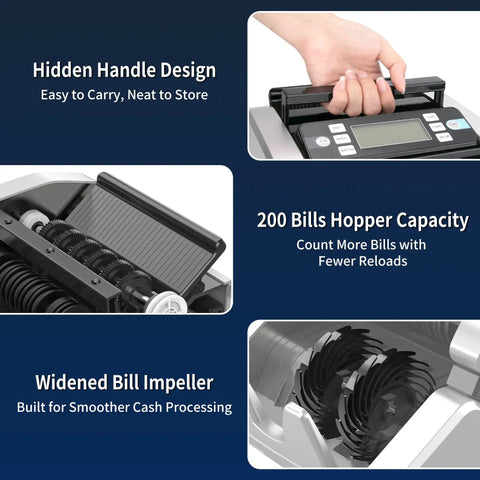 Heavy Duty Cash Bill Counter Machine With Hassle Free Automated Counting And Rock Solid Uv Magnetic Infrared Anti Fake Detection Tech showing hidden handle, 200 bill hopper, and widened impeller.