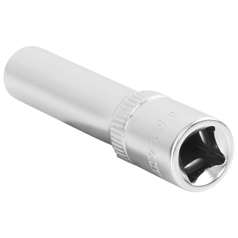 One Quarter Inch SAE Deep Socket Six Point Thin Wall With Hard Chrome Finish for tight spaces, showing knurling and drive socket.