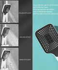 Premium Thermostatic Shower System With Led Digital Display Rainfall Head Wall Mounted Bathroom Faucet Set Includes Liftable Rod And Built In Soap Tray Straight Up Flex For Any Home showing shower head with pulsed, deluge, and mixed effluent settings.