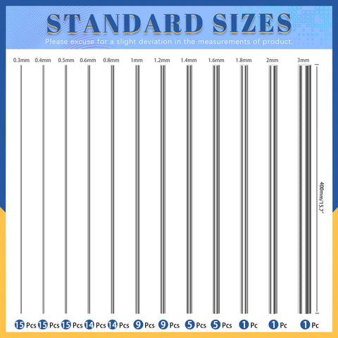 Glarks stainless steel spring wire assortment kit, 104 pcs, diameters 0.3-3 mm, 400 mm length