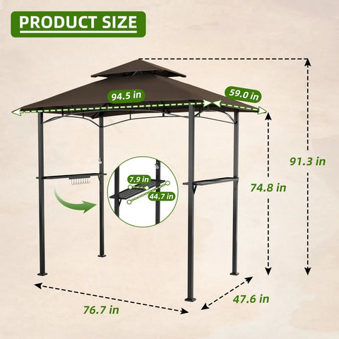 Patio Grill Gazebo Canopy With Double Tier Roof For Outdoor BBQ And Backyard Use Sturdy Powder Coated Steel Frame Weather Resistant Shelter For Garden Rust Resistant Durable Brown dimensions
