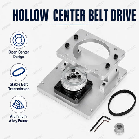 Rock Solid Hollow Rotary Actuator With Fine Tune Belt Tension Cnc Machined Aluminum Plate For 86Mm Stepper Motor Zero Lag Indexing for packing and inspection lines, showing open center design.
