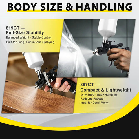 Professional Hvlp Spray Gun Double Pack Featuring Easy Dial Air Adjustment Corrosion Fighting Metal Parts For Quick And Slick Auto Shop Panel Coating Tasks - Full-size and mini gun handling.