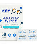 MTBY Lens & Screen Wipes box—50 pre-moistened, individually wrapped 5x7 in wipes for eyeglasses, goggles, camera lenses