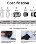 Diagram showing PG21 Cable Glands 20 Pack Waterproof Adjustable Range 12.5 To 18mm with parts labeled including lock nut, washer, body, seal, and sealing nut.