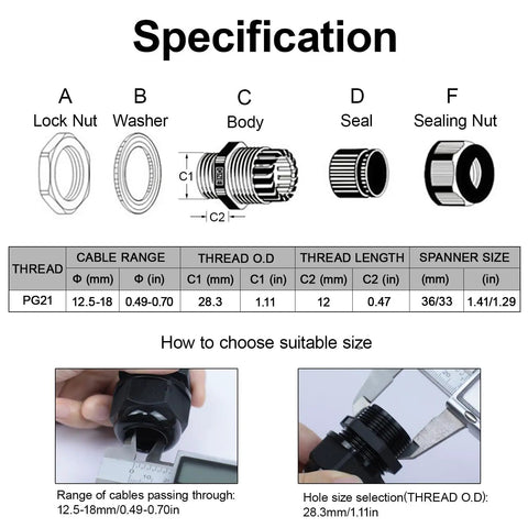 Diagram showing PG21 Cable Glands 20 Pack Waterproof Adjustable Range 12.5 To 18mm with parts labeled including lock nut, washer, body, seal, and sealing nut.