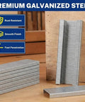 Heavy Duty Galvanized T50 Staples And 18 Gauge Brad Nails 7500 Count Bulk Packs stacked on a workbench with wood background.