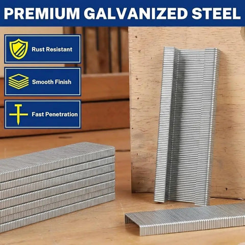 Heavy Duty Galvanized T50 Staples And 18 Gauge Brad Nails 7500 Count Bulk Packs stacked on a workbench with wood background.