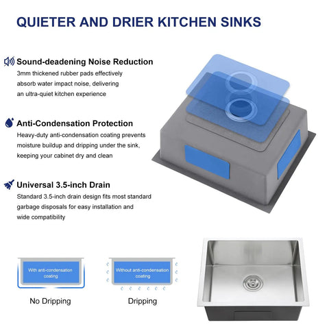 Sound-deadening features of undermount stainless steel kitchen and bar sink, single bowl 304 grade handcrafted small wet bar sink.