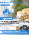 Shopping cart with packages beside text about risk-free shopping and 7-day customer support service.