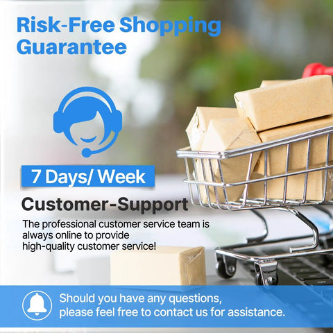 Shopping cart with packages beside text about risk-free shopping and 7-day customer support service.