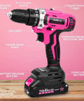 Pink 20V Cordless Drill Set with Drill Brush, Bit Kit, Three Eighths Inch Keyless Chuck, Dual Speed Control for home DIYs