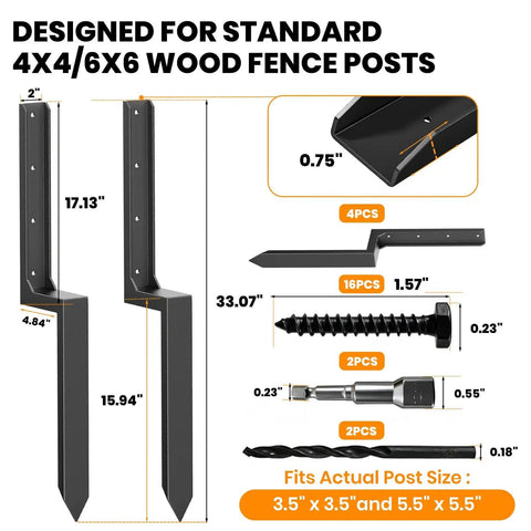 Fence Post Repair Kit Beefed Up Heavy Duty 11 Gauge Steel Anchor Bracket For 4x4 And 6x6 Wood Posts detailed view