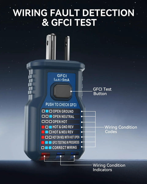 All In One Circuit Breaker Finder With LCD Display GFCI Outlet Tester And Electrical Tracer Tool 90 To 130 Volt NCV Test Flashlight Carrying Case And Adapter With Alligator Clips, GFCI test view
