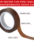 Hella Smooth Low Friction Drawer Slide Tape Two Rolls Half Inch By Thirty Three Feet No Squeak Adhesive Padding showing tape roll with thickness and length details.