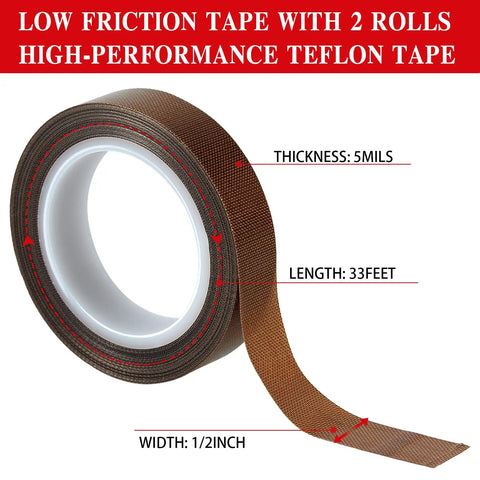 Hella Smooth Low Friction Drawer Slide Tape Two Rolls Half Inch By Thirty Three Feet No Squeak Adhesive Padding showing tape roll with thickness and length details.