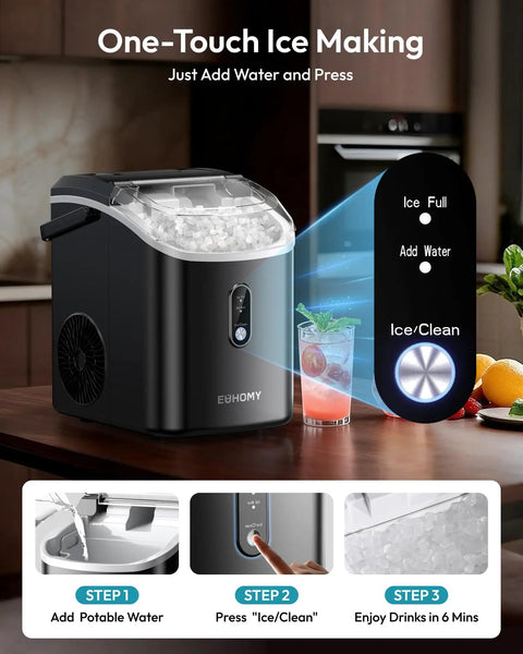 Image showing Countertop Nugget Ice Maker with handle, ready in about 6 minutes, placed on a kitchen counter with touch controls.