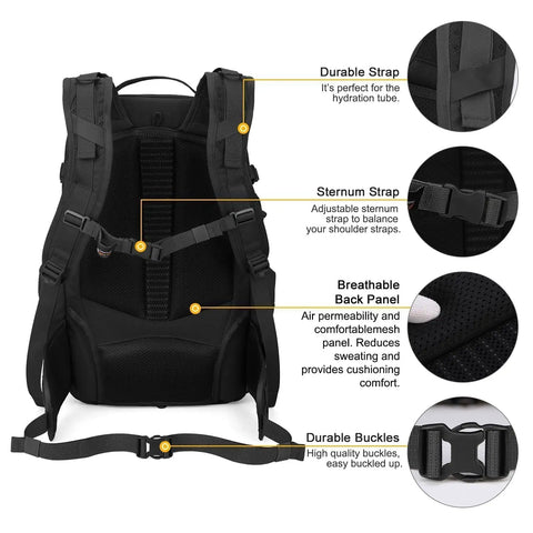 Back view of 35L MOLLE Tactical Backpack For Men Cordura 915D Durable Fabric Heavy Duty Hiking Camping Survival Pack with adjustable straps