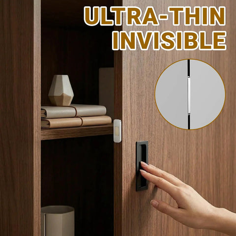 Ultra Slim Magnetic Cabinet Latch Kit 10 Pack Self Adhesive Drawer Magnets on a wooden cabinet door.