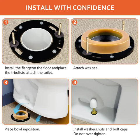 Fix That Leaky Toilet Mess Once And For All With This Heavy Duty Flange Repair Kit And Wax Ring Designed For 3 Or 4 Inch Waste Pipes Creates A Bulletproof Seal Ideal For DIY Homeowners Wanting A Quick Bathroom Fix. Installation steps showing toilet flange and wax seal setup.
