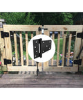 Heavy Duty Gate Hinges 3.5 Inch 4 Pack Black Iron Square Barn Hinges installed on wooden outdoor gate
