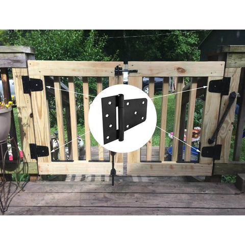 Heavy Duty Gate Hinges 3.5 Inch 4 Pack Black Iron Square Barn Hinges installed on wooden outdoor gate