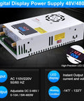 Digital LED display on Beefy 480W 10A Adjustable DC Power Supply, showing voltage and current settings