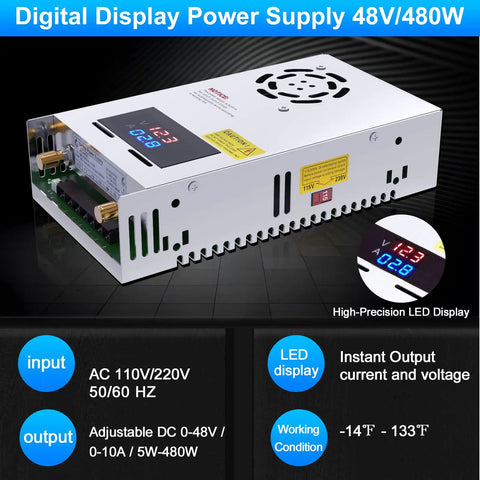 Digital LED display on Beefy 480W 10A Adjustable DC Power Supply, showing voltage and current settings